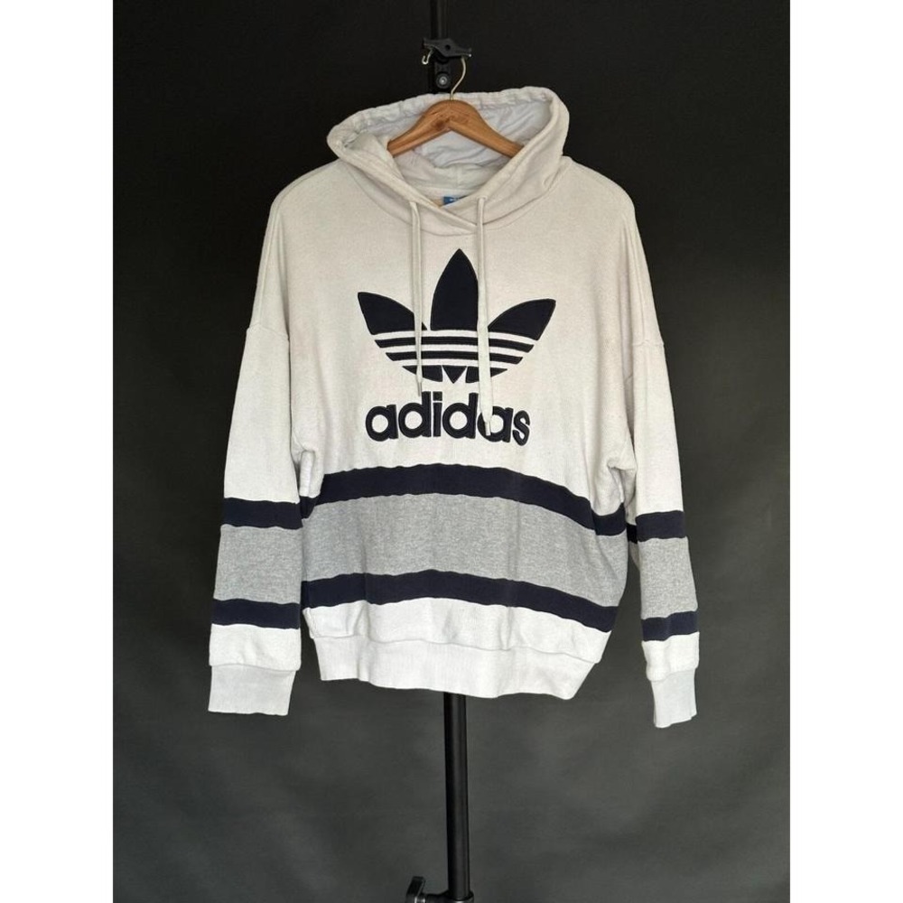 Vintage Adidas Hoodie Made in USA Y2K Thermal Cream Grey Navy Medium‎ 1990s